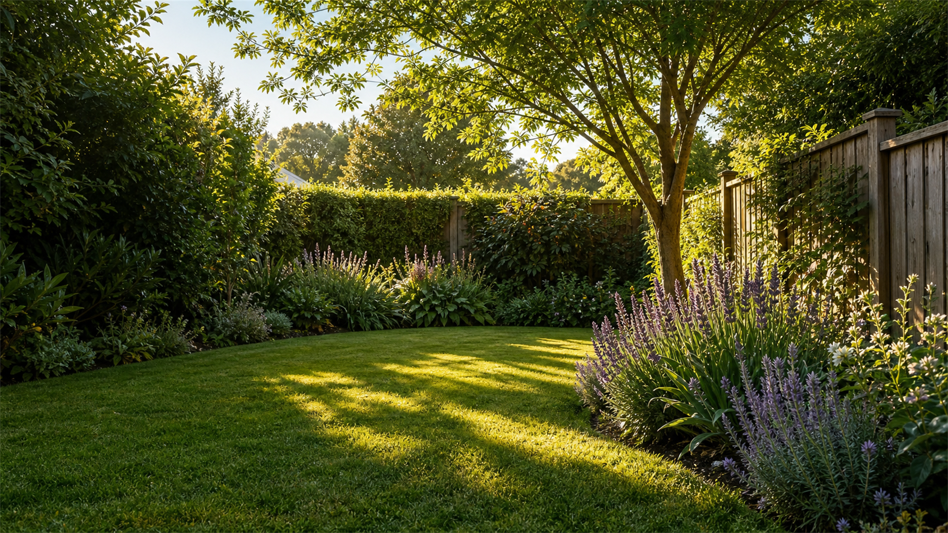 A lush, cared-for back garden with a striped lawn and lavender border at golden hour